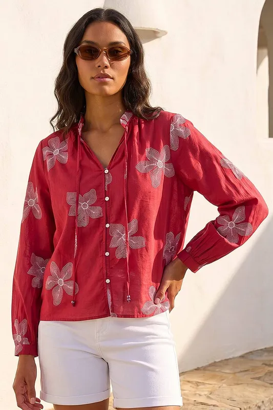 Roman Women's Floral Embroidered Blouse in Red Size: 18 - Red
