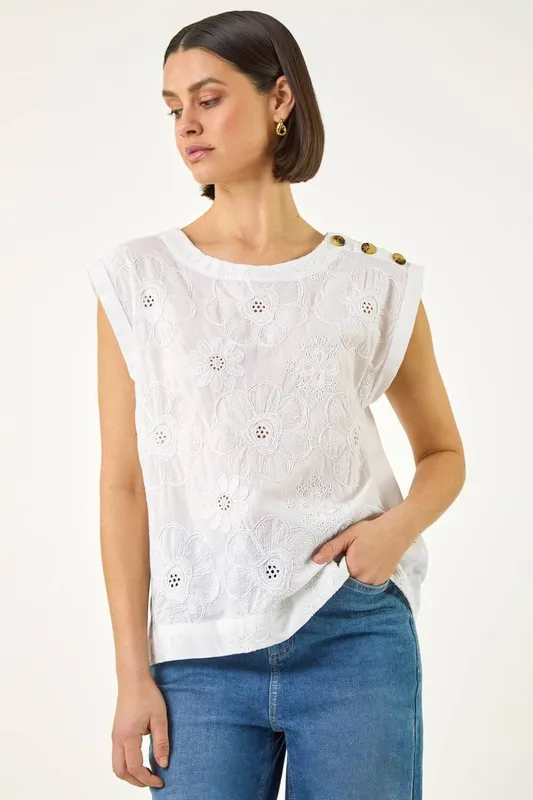 Roman Women's Floral Embroidered Top in Ivory Size: 16 Ivory 16
