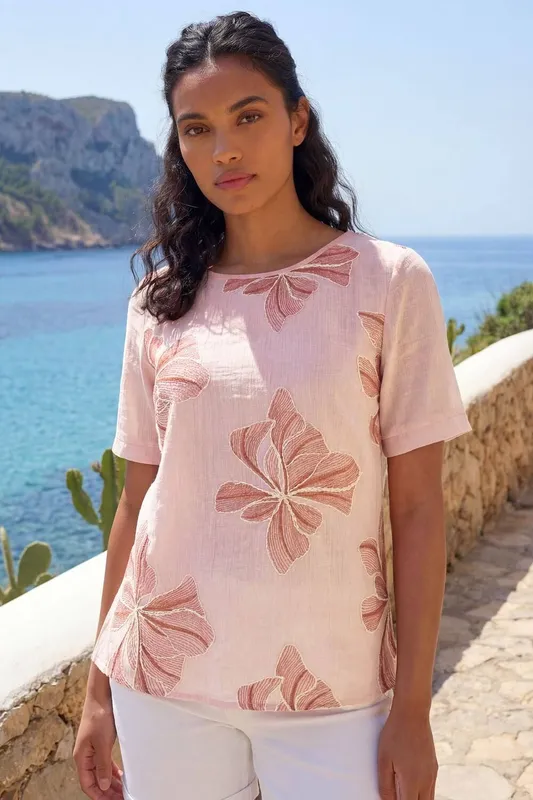 Roman Women's Floral Embroidered Top in Pink Size: 20 Pink 20