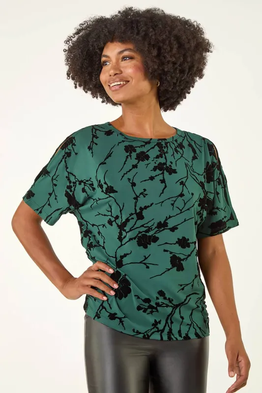 Roman Women's Floral Flocked Stretch Top in Green Size: 12 - Green - Size: 12