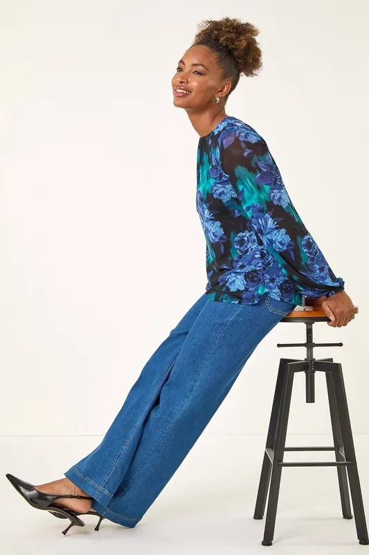 Roman Women's Floral Mesh Top in Blue Size: 20 - Blue