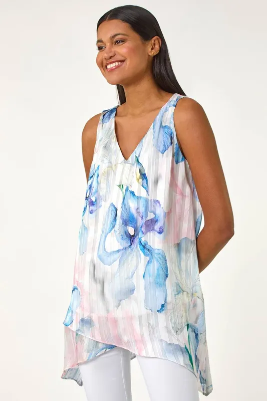 Roman Women's Floral Print Layered Tunic Top in Blue Size: 10 Blue 10
