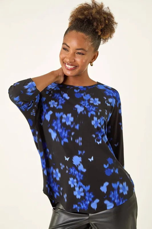 Roman Women's Floral Print Round Hem Top in Royal Size: 12 - Royal