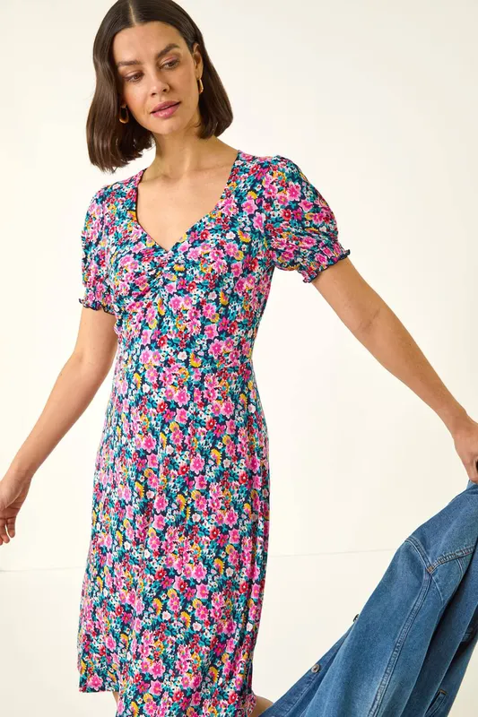 Roman Women's Floral Print Ruched Dress in Rose Size: 20 - Rose - Size: 20