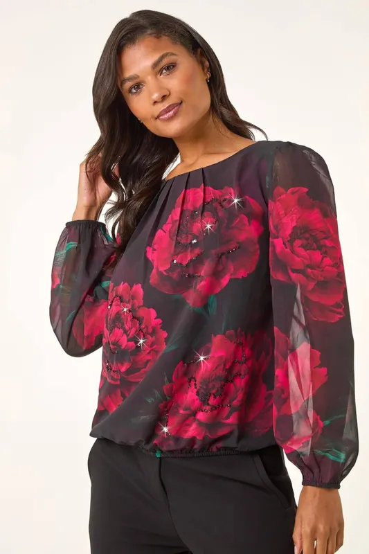 Roman Women's Floral Print Sequin Top in Red Size: 20 Red 20