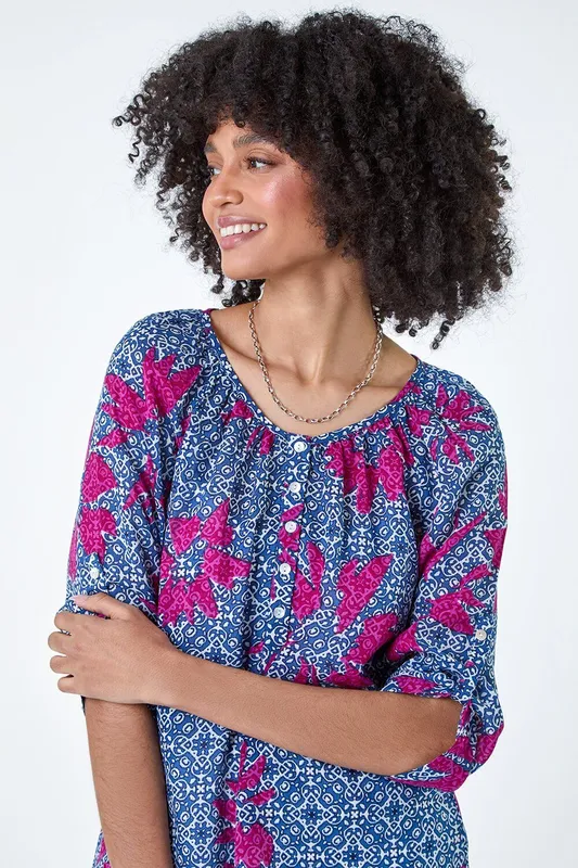 Roman Women's Floral Tile Print Top in Mid Blue Size: 12 Mid Blue 12