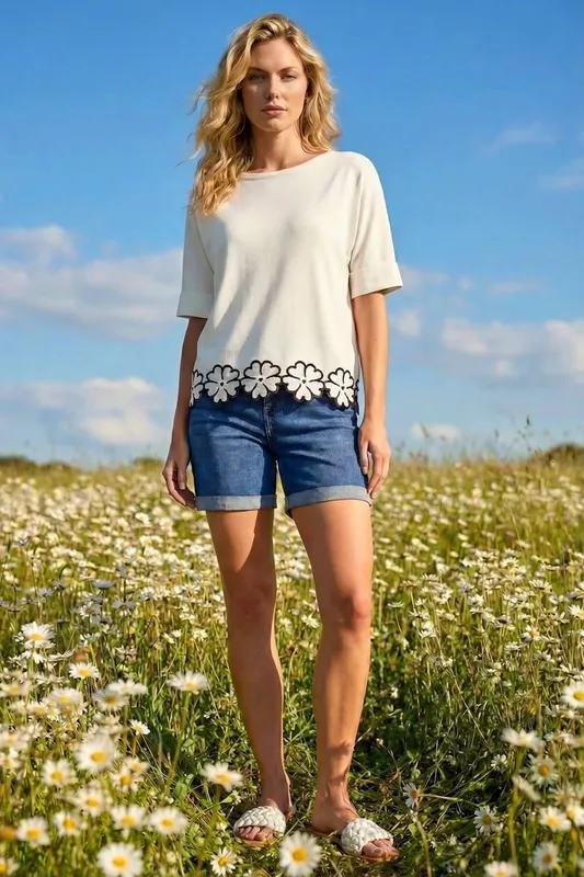 Roman Women's Floral Trim Knit Top in Ivory - Ivory