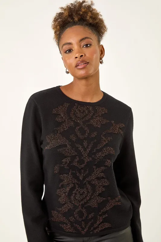 Roman Women's Glitter Embossed Knit Top in Black Size: 16 Black 16