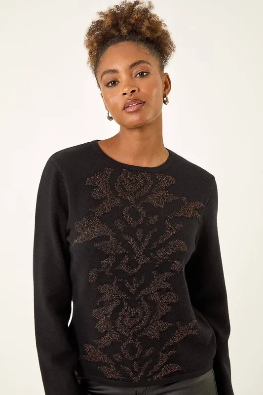 Roman Women's Glitter Embossed Knit Top in Black Size: 18 - Black