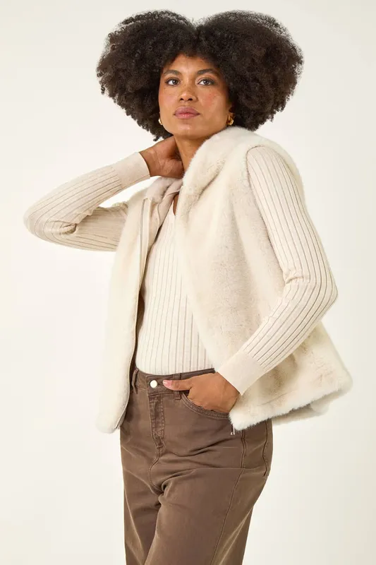 Roman Women's Hooded Faux Fur Gilet in Beige Size: 14 - Beige - Size: 14