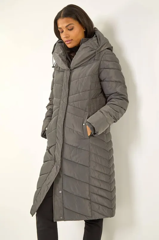 Roman Women's Hooded Quilted Coat in Charcoal Size: 18 - Charcoal