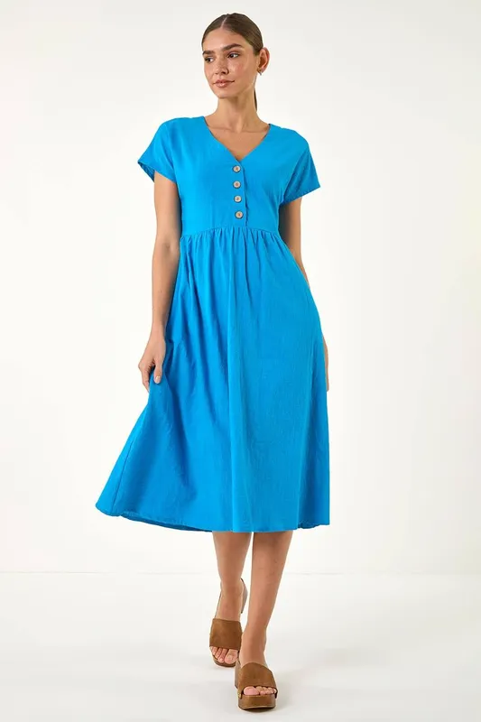 Roman Women's Linen Look Button Midi Dress in Blue Size: 12 Blue 12