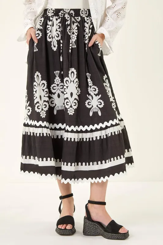 Roman Women's Mono Print Maxi Skirt in Black Size: 10 Black 10