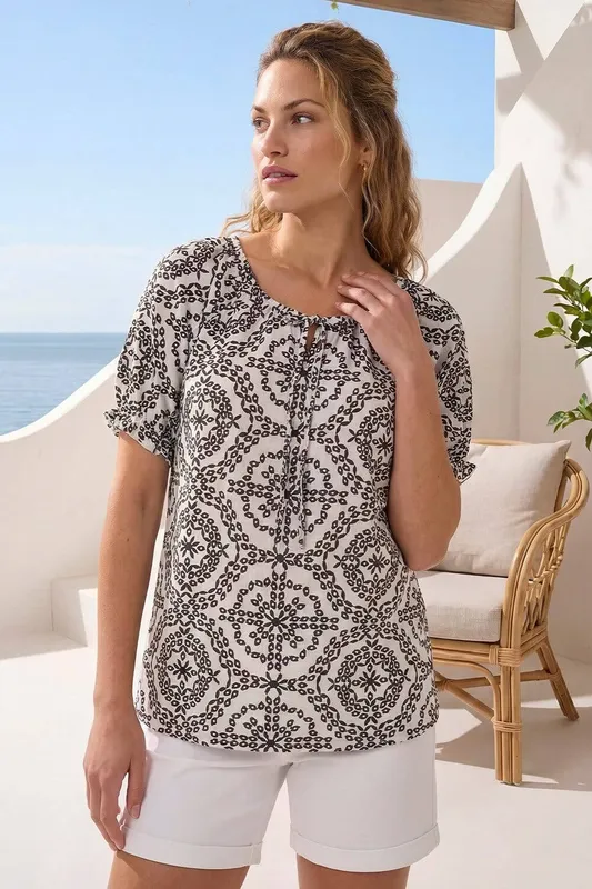 Roman Women's Mono Printed Tie Neck Top in White Size: 12 White 12