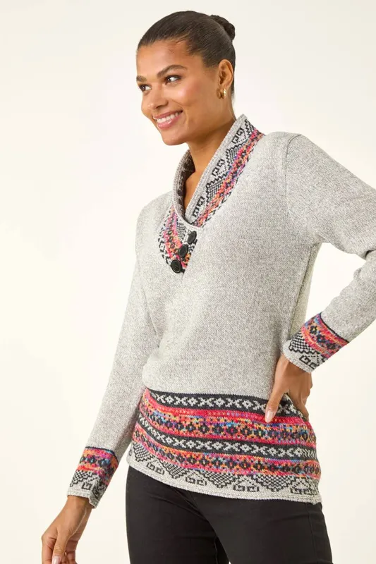 Roman Women's Nordic Print Button Detail Jumper in Grey Size: 12 Grey 12
