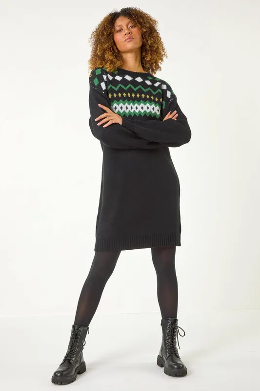 Roman Women's Nordic Print Knitted Jumper Dress in Black Size: 20 - Black