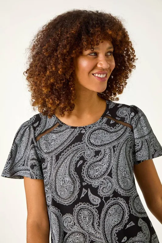 Roman Women's Paisley Print Ladder Trim Top in Black Size: 10 - Black - Size: 10