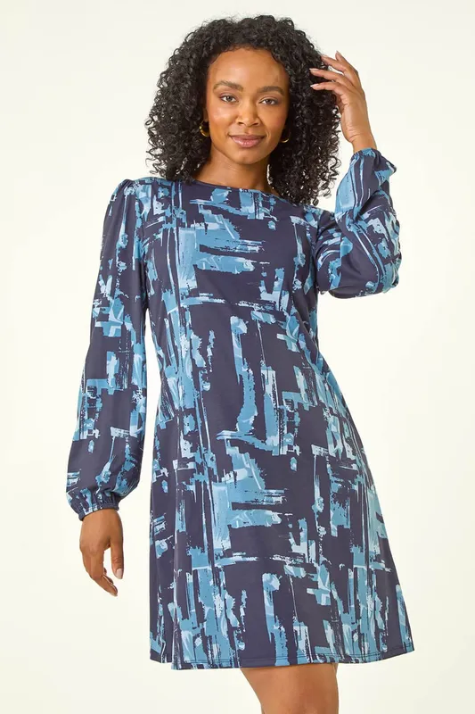 Roman Women's Petite Abstract Swing Dress in Blue Size: 18 - Blue