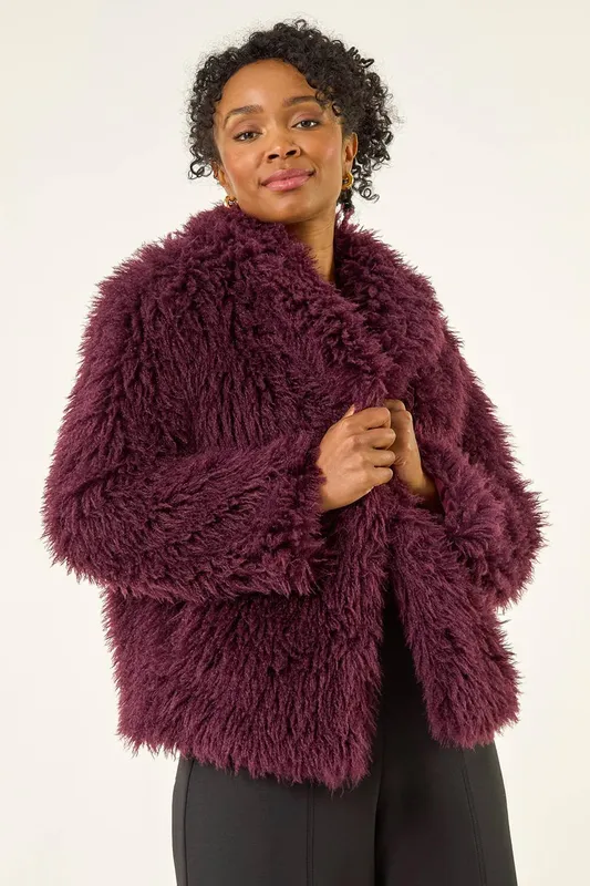 Roman Women's Petite Faux Fur Collar Coat in Wine Size: 12 - Wine