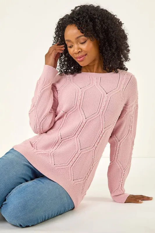 Roman Women's Petite Faux Pearl Knit Jumper in Pink Size: 14 - Pink