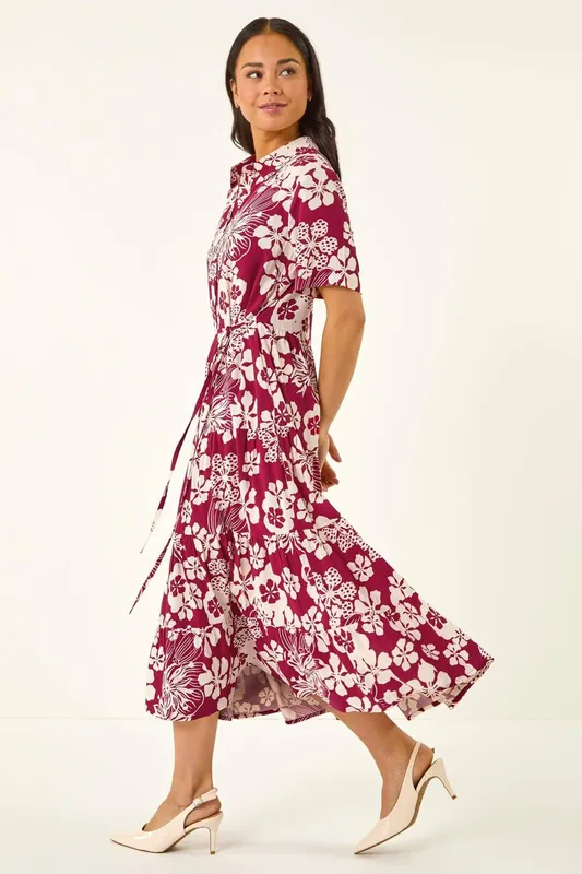Roman Women's Petite Floral Shirt Dress in Red Size: 12 - Red