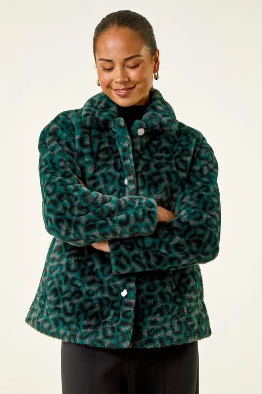 Roman Women's Petite Leopard Fur Coat in Green Size: 14 - Green