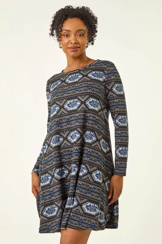 Roman Women's Petite Nordic A-Line Stretch Dress in Navy Size: 16 Navy 16