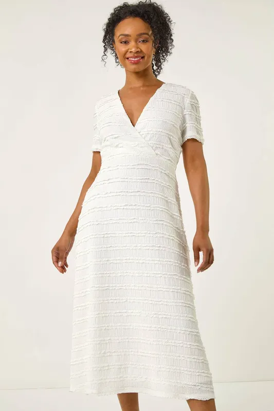 Roman Women's Petite Ruffle Midi Wrap Dress in White Size: 18 - White