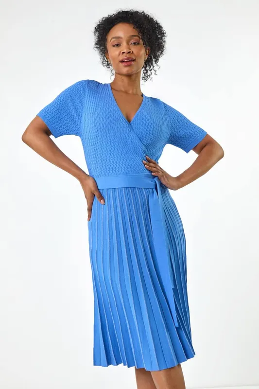 Roman Women's Petite Wrap Knitted Dress in Blue Size: 18 - Blue