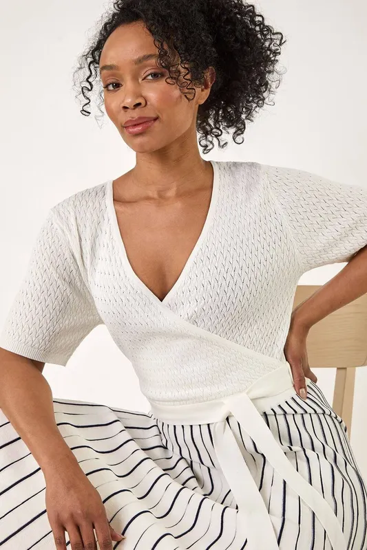 Roman Women's Petite Wrap Knitted Dress in Ivory Size: 14 - Ivory