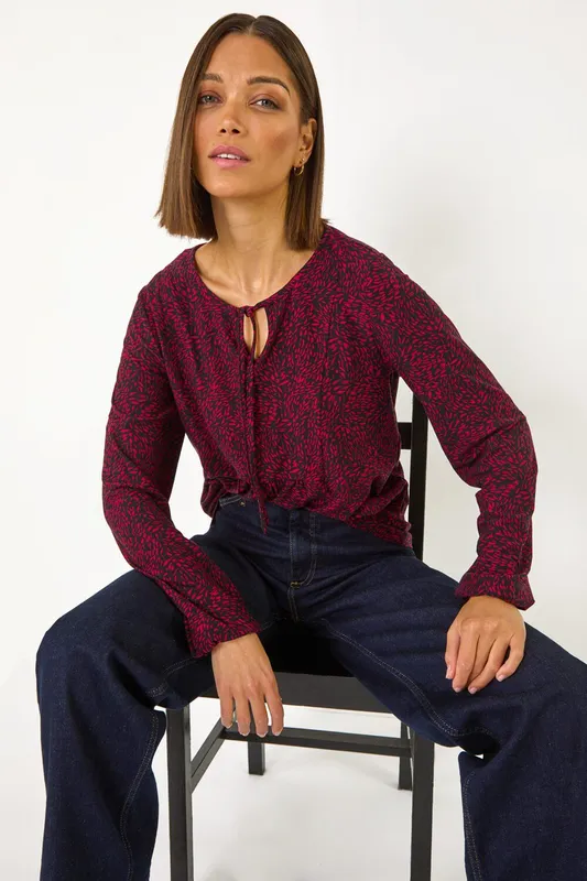 Roman Women's Printed Tie Neck Top in Red Size: 10 Red 10