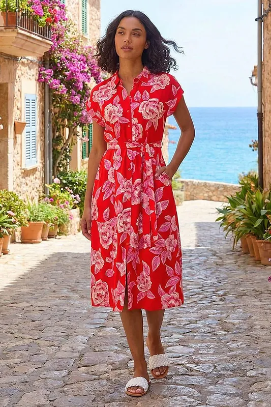Roman Women's Rose Print Belted Midi Dress in Red Size: 18 Red 18