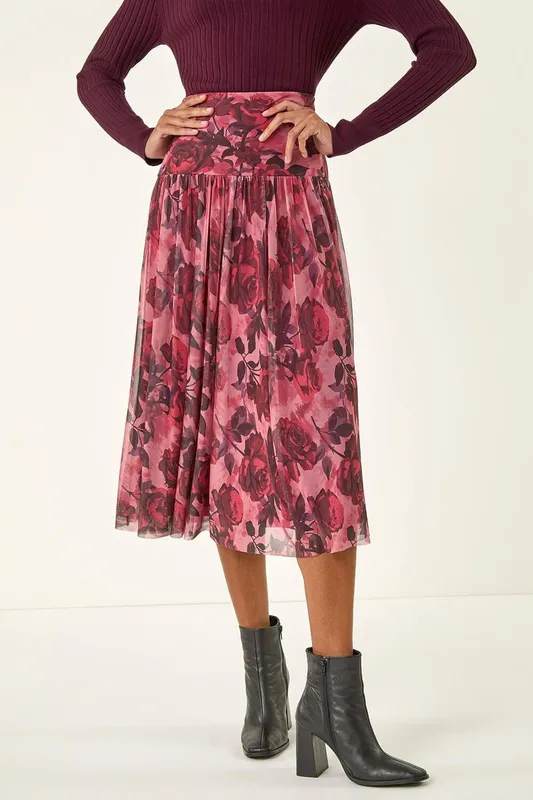 Roman Women's Rose Print Mesh Layered Skirt in Red Size: 14 - Red - Size: 14