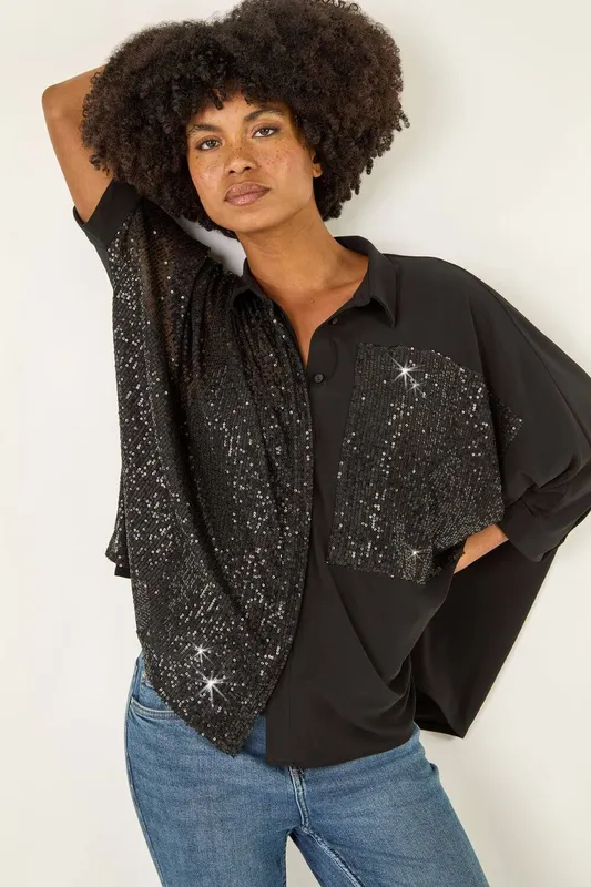 Roman Women's Sequin Buttoned Blouse in Black Size: 12 Black