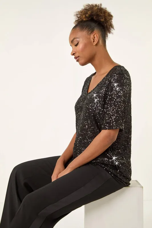 Roman Women's Sequin Embellished V-Neck Top in Black Size: 10 Black 10