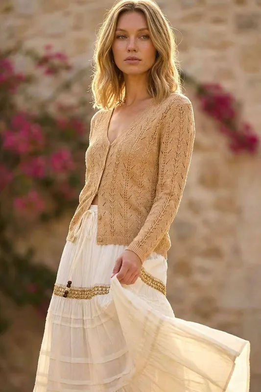 Roman Women's Shimmer Button Knit Cardigan in Beige Size: 14 Beige female
