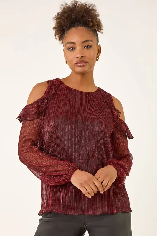 Roman Women's Shimmer Plisse Cold Shoulder Top in Red Size: 18 - Red