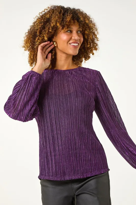 Roman Women's Shimmer Plisse Pleated Top in Purple Size: 18 Purple 18