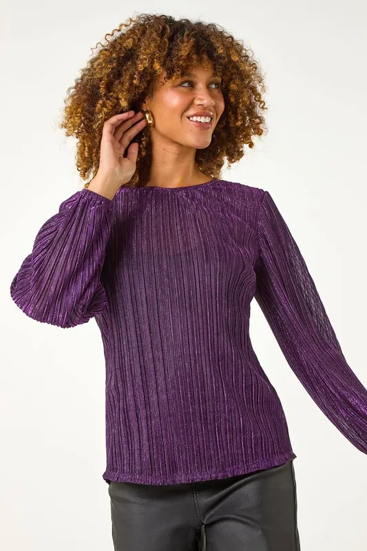 Roman Women's Shimmer Plisse Pleated Top in Purple Size: 20 - Purple