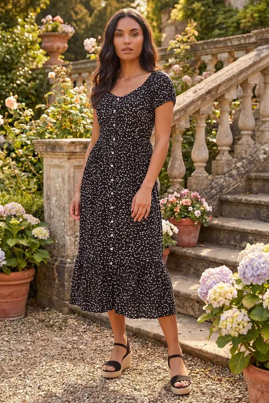 Roman Women's Spotty Heart Button Midi Dress in Black Size: 16 Black
