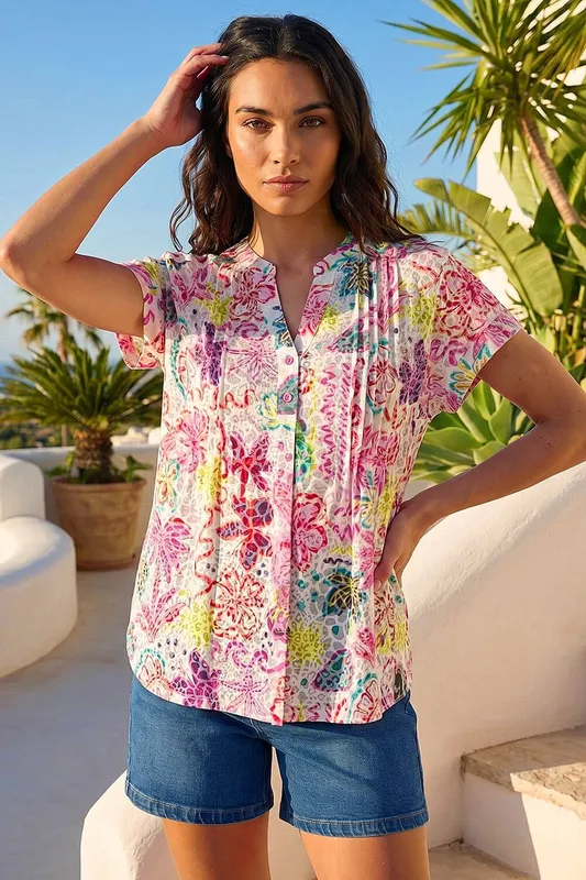 Roman Women's Tropical Palm Burnout Shirt in Pink Size: 10 - Pink