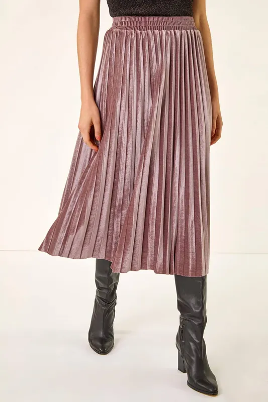 Roman Women's Velvet Pleated Midi Skirt in Rose Size: 20 - Rose