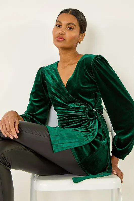 Roman Women's Velvet Pleated Wrap Top in Green Size: 12 - Green