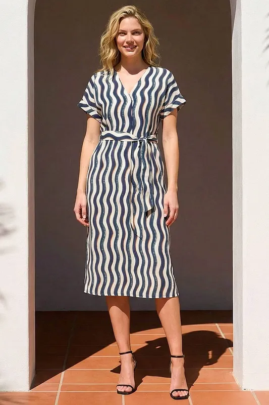 Roman Women's Wave Print Belted Midi Dress in Navy Size: 16 - Navy