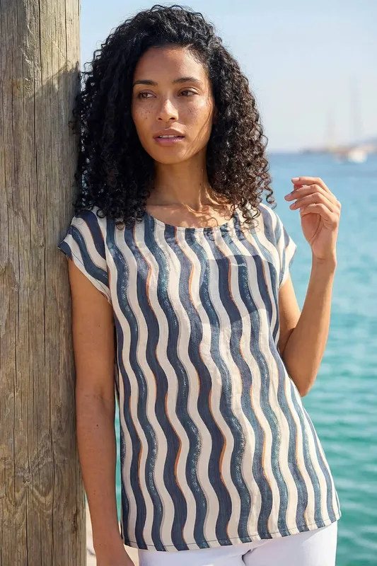 Roman Women's Wave Stripe Print Tunic Top in Navy Size: 12 - Navy