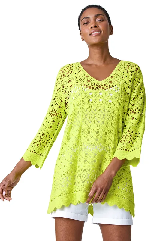 Roman Womens Cotton Crochet Tunic Top - Green - Size 18 Uk
