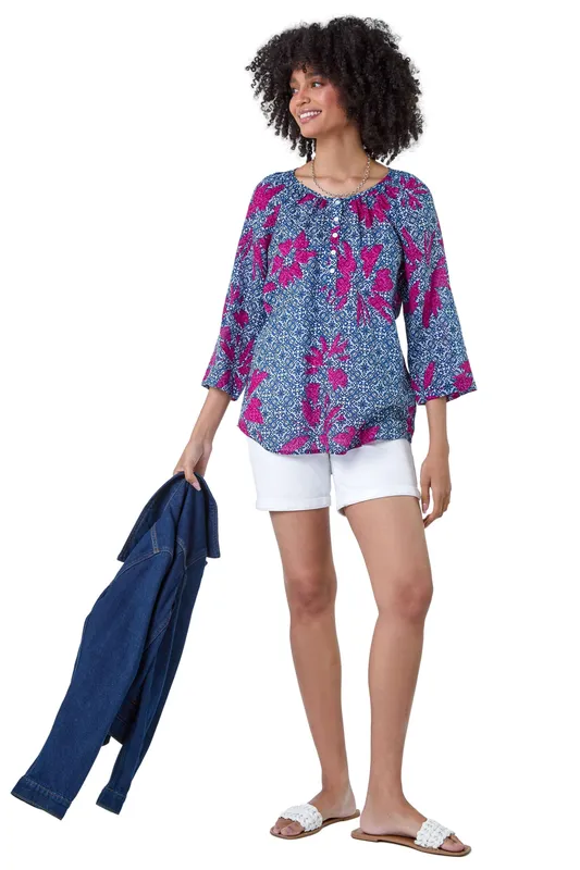 Roman Women's Floral Tile Print Top in Mid Blue Size: 10 - Mid Blue