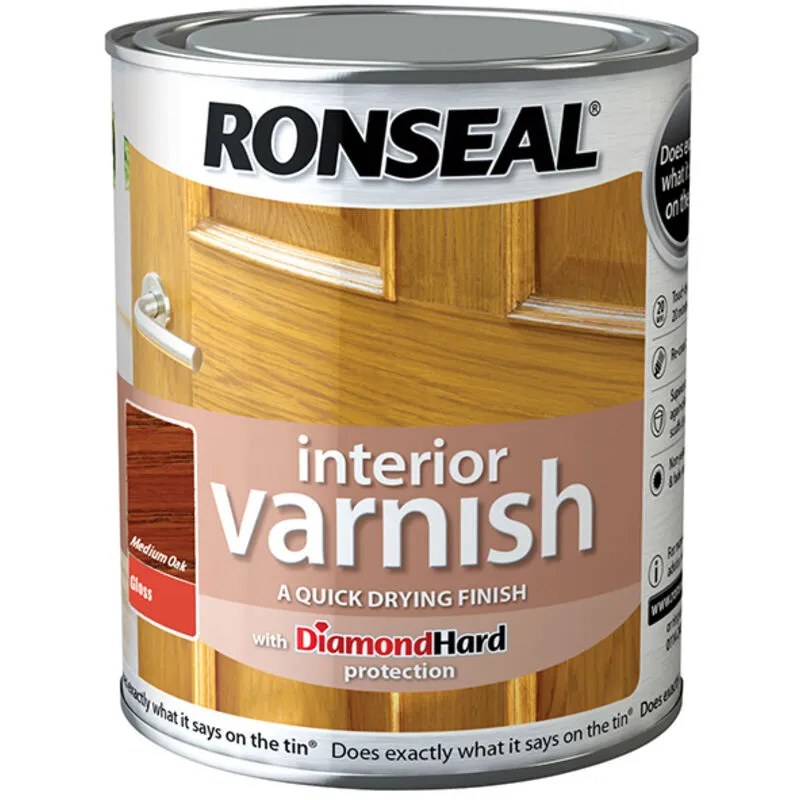 Ronseal Interior Quick Dry Gloss Varnish Medium Oak 750ml