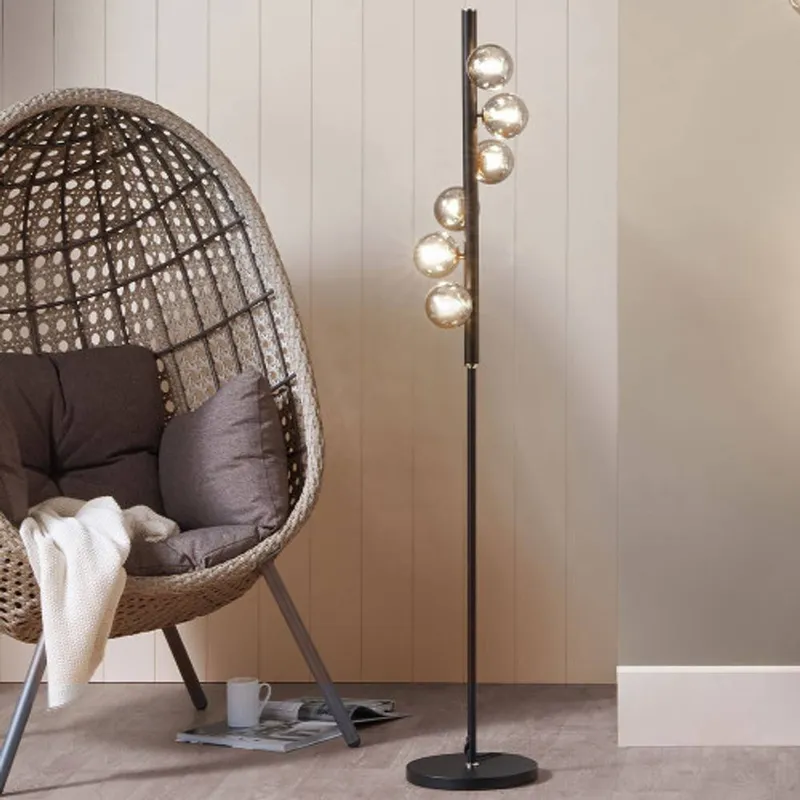 Ruma Elegant 6 Bulb Orb Retro Light Art Deco Retro Tall Metal Floor Light in Black - Black
