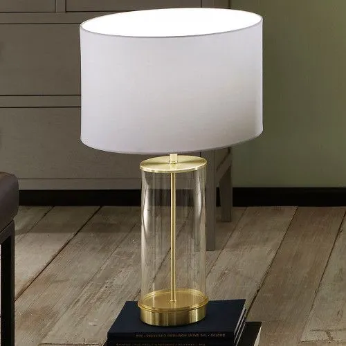 Ruma Glass Cylinder Table Lamp With Gold Detail & White Lampshade - Gold
